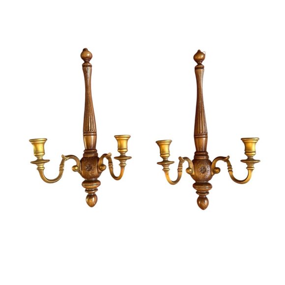 Vintage Syroco Wood & Resin Candle Wall Sconces Pair Set 2 MCM Mid Century Decor - Picture 2 of 12